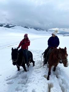 Zwei Leute reiten im Schnee auf Pferden in der Unterkunft Altay Village Hotel 