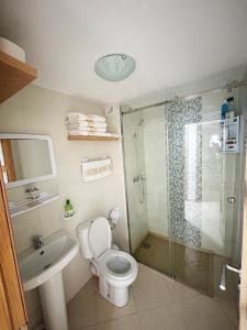 een badkamer met een toilet, een douche en een wastafel bij SAM HOUSE 2 min à l'aéroport in Tanger