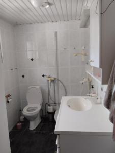 a white bathroom with a toilet and a sink at Villa Anna in Lahti