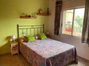 a bedroom with a bed with green pillows and a window at Can Marcela in Deltebre +21 photos