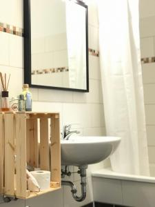 uma casa de banho com um lavatório e um espelho em Charmantes Loft mit Balkon em Magdeburg