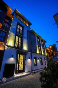 イスタンブールにあるViolin Hotel Sultanahmetの夜間の通り戸付き白い建物