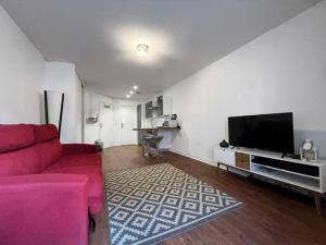 ein Wohnzimmer mit einem rosa Sofa und einem Flachbild-TV in der Unterkunft Sirona Bay Biarritz - Plages - Casino - WIFI - VOD in Biarritz