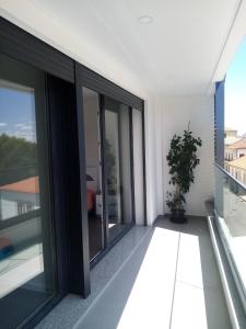 a balcony with glass doors and a potted plant at Bragança Holiday Home new apartment with 2 bedrooms private parking in Bragança