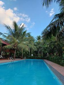 a blue swimming pool with palm trees in the background at Coconut Homestay Mỏ Cày Nam Bến Tre in Ben Tre