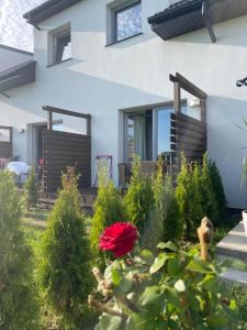 uma casa com uma rosa vermelha no jardim da frente em Uroczy Zakątek 1 em Grzybowo