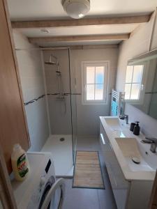 a bathroom with a shower and a washing machine at 6/8 pax COTTAGE - Oasis Village in Puget-sur Argens