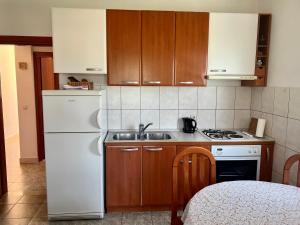 La cuisine est équipée d'un réfrigérateur blanc et d'un évier. dans l'établissement Apartmani Luka, à Korčula