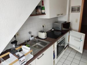 een kleine keuken met een wastafel en een magnetron bij Ferienwohnung Havel-Ausblick in Havelberg