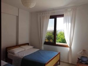1 dormitorio con cama y ventana en Stavros Agios Dimitrianos Village House en Ayios Dhimitrianos