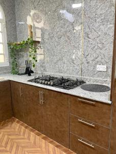 a kitchen with a stove and a stone wall at Deluxe Apartment in Muscat