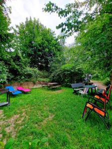 grupa stołów piknikowych i ławek w trawie w obiekcie Apartamencik Nad Jeziorem Dzwon Marcinkowo 51 - 2 w mieście Mrągowo