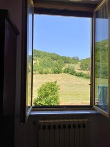a window with a view of a field and trees at Casa Le Piane in Strettura