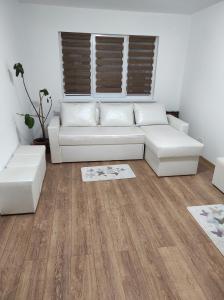 a living room with a white couch and wood floors at Apartament 2 camere tip studio in Râmnicu Vâlcea +2 photos
