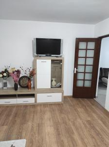 a living room with a flat screen tv on a entertainment center at Apartament 2 camere tip studio in Râmnicu Vâlcea