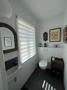 baño con aseo y lavabo y ventana en Le Gîte du Jardinier, en Tournai