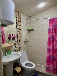a bathroom with a toilet and a sink and a shower at Guest House Emily in Bokonbayevo +83 photos