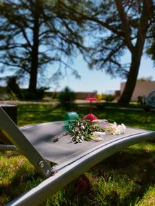una mesa de picnic con flores en la hierba en A l Aube du Midi, en Bagnols-sur-Cèze