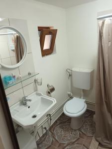 een badkamer met een toilet, een wastafel en een spiegel bij Camera con bagno in Ploieşti