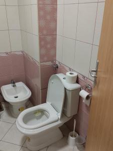 La salle de bains est pourvue de toilettes et d'un lavabo. dans l'établissement Central apartment, à Gevgelija