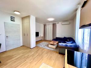 uma sala de estar com um sofá azul e uma televisão em BS Apartman em Podgorica