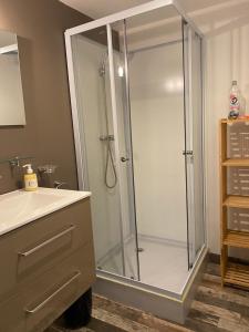 La salle de bains est pourvue d'une douche et d'un lavabo. dans l'établissement Chambre d'hôtes 2p, espace piscine partagé, à Alba-la-Romaine