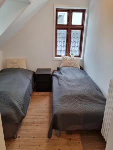 2 Betten in einem Zimmer mit Fenster in der Unterkunft Tæt på Centrum & MCH/Boxen - Huset nr. 11 in Herning