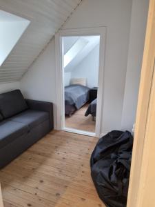 - un salon avec un canapé et un miroir dans l'établissement Tæt på Centrum & MCH/Boxen - Huset nr. 11, à Herning