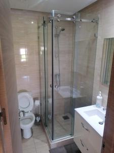 a bathroom with a shower and a toilet and a sink at Appartement prestigia jade marrakech in Marrakesh