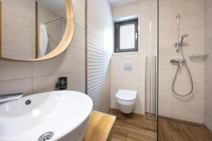 a bathroom with a sink and a toilet and a mirror at Hiša Vally Art in Bled