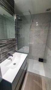 y baño blanco con lavabo y ducha. en Appartement T3 à deux pas du centre-ville, en Vichy