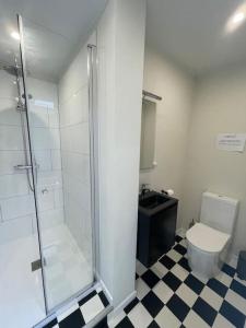 a bathroom with a shower and a toilet and a sink at Maison 4 chambres avec jardin in Liège