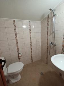 uma casa de banho com um WC, um chuveiro e um lavatório. em Guest rooms Bansko em Bansko