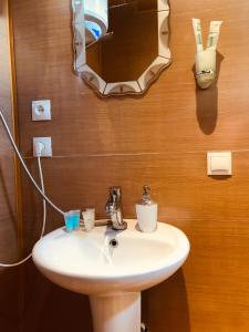 een badkamer met een witte wastafel en een spiegel bij Ushba Cottages in Mazeri