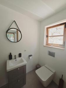 uma casa de banho com um lavatório, um WC e um espelho. em Finca Es Verger em Esporles