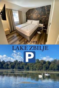 a bedroom with a bed and a lake with swans at Boutique hotel ZBILJE in Zbilje