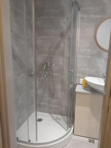 prysznic ze szklanymi drzwiami obok umywalki w obiekcie Apartament Komfortowy - w pełni wyposażony - SpaceApart w Jeleniej Górze