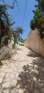 Une route en pierre avec des fleurs sur le côté d'un mur dans l'établissement Chouette villa au bord de la plage hergla, à Sousse