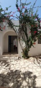 Chouette villa au bord de la plage hergla في سوسة: مبنى ابيض فيه شجرة ورد وردي