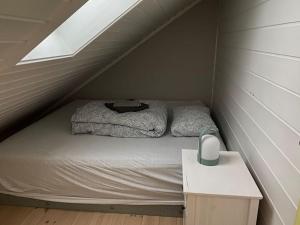 a bed in a small room with a window at Voss - Flott hytte i Bavallen in Skulestadmo