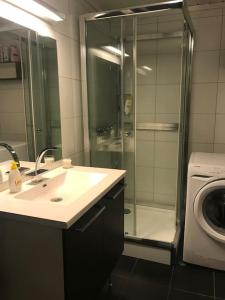 bagno con doccia, lavandino e lavatrice di Voss - Flott hytte i Bavallen a Skulestadmo