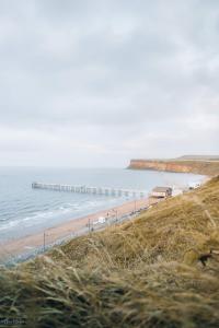 a view of a beach with a pier in the water at Flat sleeps 5 people in Guisborough in Guisborough