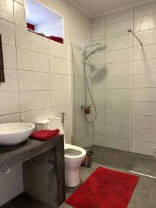 a bathroom with a toilet and a sink and a shower at PicoComigo in Lajes do Pico