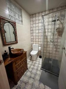 a bathroom with a shower and a toilet and a sink at Apartamento La Medina in Guadix +29 photos