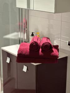 twee roze handdoeken op een aanrecht in een badkamer bij My Secret Room Apartment vicino al lago in Verbania