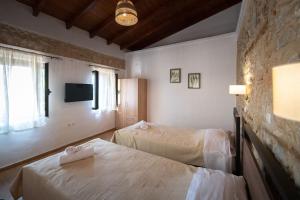 a bedroom with two beds and a tv on the wall at Traditional stone house in Neokhórion