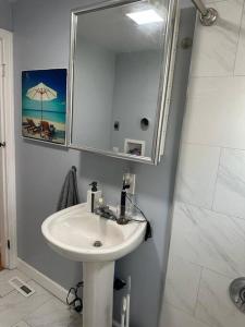 ein Bad mit einem Waschbecken und einem Spiegel in der Unterkunft Farmhouse 2 bedrooms apartment in Lynn