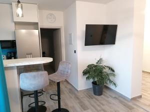 a kitchen with a table and two chairs and a plant at Apartman Vesa in Dolac