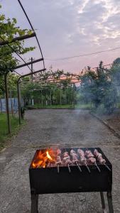 a grill with meat on fire in a driveway at Shin•შინ in Kutaisi