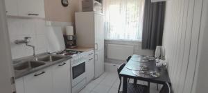 a small kitchen with a sink and a refrigerator at Apartament SARA in Kołobrzeg
